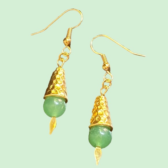 Hand Crafted Jewelry - HAND CRAFTED Earrings Aventurine Beads Dangle Drop Long Natural Stones Pierced
